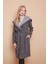 Kışlık Yün Jakarlı Kapşonlu Uzun Kol Anvelop Kruvaze Bağcıklı Hırka Kaban -Antrasit Kumlama 4