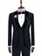 Lacivert Slim Fit Armürlü Kadife Yaka Yelekli Smokin Damatlık 1