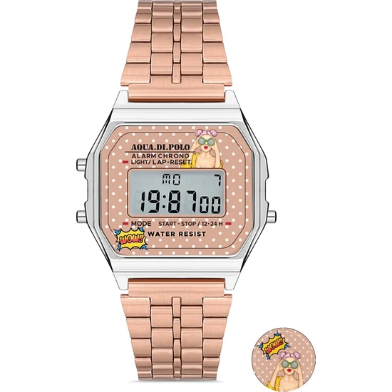 Aqua Di Polo 1987 Kadın Rose Gold Metal Kordonlu Pop Dijital Retro Saat APWA064502