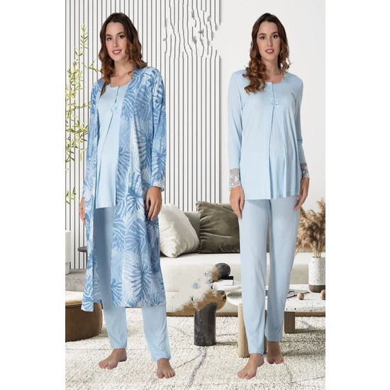 Effortt Mavi Sabahlıklı Hamile Lohusa Pijama Takımı
