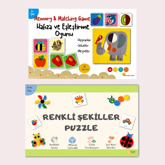 One Pretty Sunshine 2 Li Eğitici Oyun Seti Renkli Şekiller Puzzle ve Hafıza&eşleştirme Oyunu Bebek Zeka Kartları