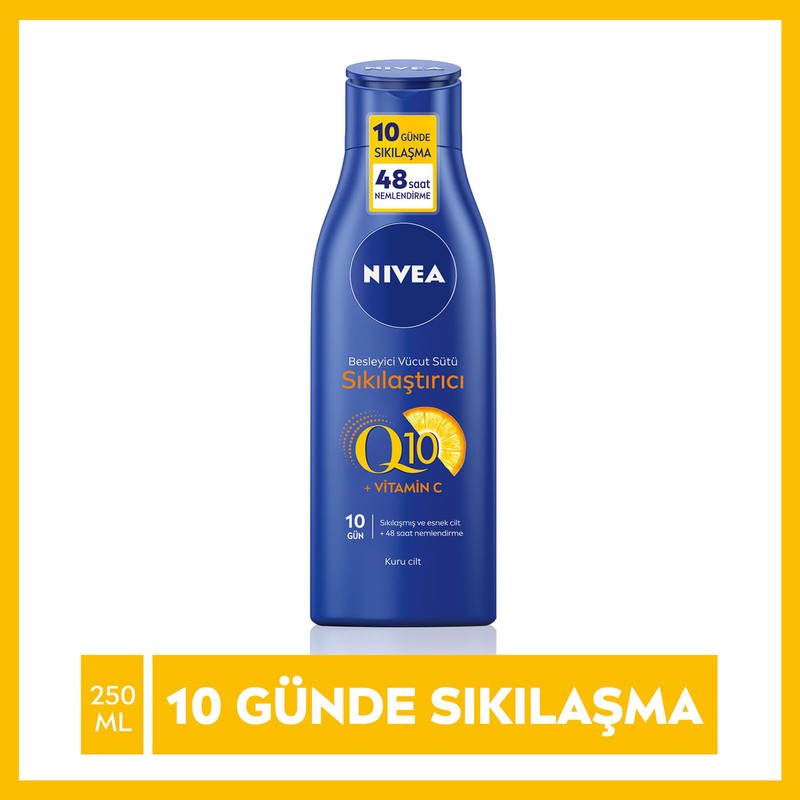Nivea Sıkılaştırıcı Vücut Sütü Q10 + C Vitamini 250ml,48 Saat Vücut Nemlendirme, 10 Günde Sıkılaşma, Kuru Ciltler için, Vücut Bakım