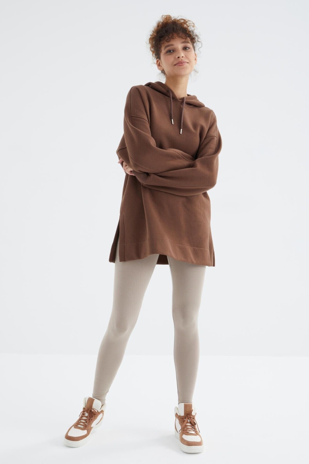 Tommy Life Ekru Reglan Kol Basic Kapüşonlu Oversize Sweatshirt Tunik - 97242