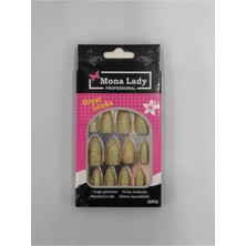 Mona Lady 12'li Simli Sarı Badem Takma Tırnak Yapıştırıcı HEDIYELI-KISA-127-3