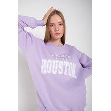 Modagen Kadın Lila Houston Baskılı Bisiklet Yaka Oversize Sweatshirt