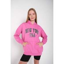 Modagen Kadın Pembe New York Usa Baskılı Kapüşonlu Oversize Sweatshirt