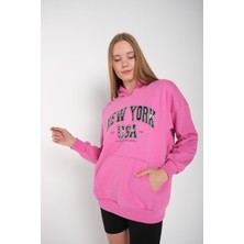 Modagen Kadın Pembe New York Usa Baskılı Kapüşonlu Oversize Sweatshirt