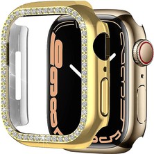 Enfein Apple Watch 6 44MM Ile Uyumlu Kasa Koruyucu Taş Desenli Watchgard Ekran Koruyucu Gold