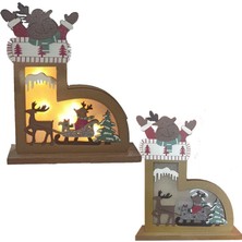Pandoli 1 Adet Yılbaşı Gün Işığı LED Işıklı Ahşap Çizme Şeklinde Geyik Figürlü Dekor Süs 25 x 17 cm