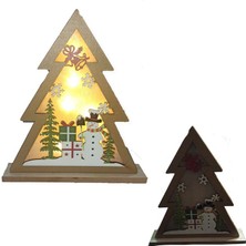 Pandoli 1 Adet Yılbaşı Gün Işığı LED Işıklı Ahşap Çam Ağacı Şeklinde Kardan Adam Figürlü Dekor Süs 25 x 18 cm