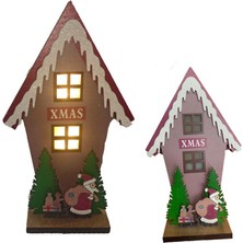 Pandoli 1 Adet Yılbaşı Gün Işığı LED Işıklı Ahşap Ev Şeklinde Noel Baba Figürlü Dekor Süs 25 x 15 cm