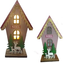 Pandoli 1 Adet Yılbaşı Gün Işığı LED Işıklı Ahşap Ev Şeklinde Geyik Figürlü Dekor Süs 25 x 15 cm