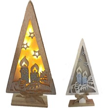 Pandoli 1 Adet Yılbaşı Gün Işığı LED Işıklı Ahşap Noel Ağacı Şeklinde Noel Mumu Figürlü Dekor Süs 30 x 14 cm
