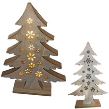 Pandoli 1 Adet Yılbaşı Gün Işığı LED Işıklı Ahşap Noel Ağacı Şeklinde Kar Tanesi Figürlü Dekor Süs 30 x 14 cm