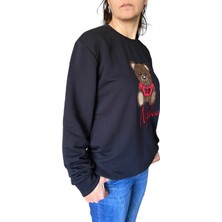 Still Unisex Lacivert  Mschno Toy Ayıcık Nakışlı Bisiklet Yaka  Sweatshirt