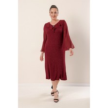 Saygı Giyim Yaka ve Kollar Şifon Astarlı Likralı Simli Büyük Beden Elbise Bordo