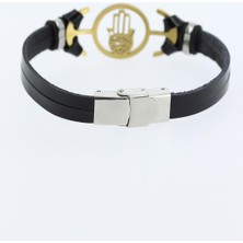 Gold Renk Fatma Ana Eli Figürlü Metal Aksesuarlı Siyah Renk Deri Erkek Bileklik