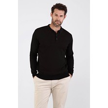 Çizgi Triko Erkek Polo Yaka Pamuklu Triko Kazak 4661F Siyah