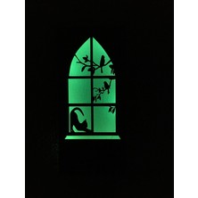 Çakra Kedi -Kuş Motifli Peri Led(Yeşil) Pilli Ahşap Duvar Dekoru 36X18CM(PILLER Dahil)