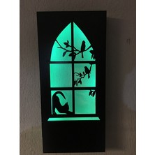 Çakra Kedi -Kuş Motifli Peri Led(Yeşil) Pilli Ahşap Duvar Dekoru 36X18CM(PILLER Dahil)