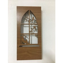 Çakra Kedi -Kuş Motifli Peri Led(Yeşil) Pilli Ceviz Mdf Ahşap Duvar Dekoru 36X18CM(PILLER Dahil)
