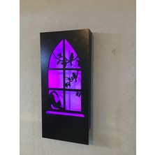 Çakra Kedi -Kuş Motifli Peri Led(Mor) Pilli Ahşap Duvar Dekoru 36X18CM(PILLER Dahil)