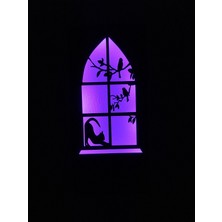 Çakra Kedi -Kuş Motifli Peri Led(Mor) Pilli Ahşap Duvar Dekoru 36X18CM(PILLER Dahil)