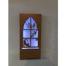 Çakra Kedi -Kuş Motifli Peri Led(Beyaz) Pilli Ceviz Mdf Ahşap Duvar Dekoru 36X18CM(PILLER Dahil)