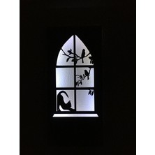 Çakra Kedi -Kuş Motifli Peri Led(Beyaz) Pilli Ceviz Mdf Ahşap Duvar Dekoru 36X18CM(PILLER Dahil)