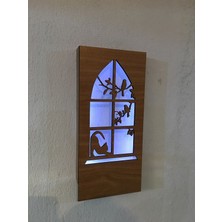 Çakra Kedi -Kuş Motifli Peri Led(Beyaz) Pilli Ceviz Mdf Ahşap Duvar Dekoru 36X18CM(PILLER Dahil)