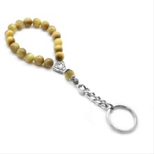 Tesbihane Sarı Kaplangözü Doğal Taş-Krom Çelik Kombinli Tesbih Anahtarlık