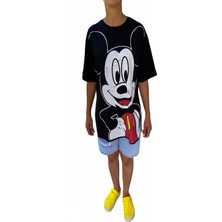 Stil Kadın Disney Eskitme  Baskılı  Bisiklet Yaka Yırtmaçlı Oversize Siyah T-Shirt