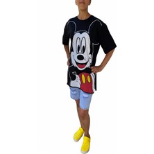 Stil Kadın Disney Eskitme  Baskılı  Bisiklet Yaka Yırtmaçlı Oversize Siyah T-Shirt