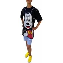 Stil Kadın Disney Eskitme  Baskılı  Bisiklet Yaka Yırtmaçlı Oversize Siyah T-Shirt