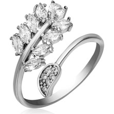 Inure Jewelry Gümüş Gold Ayarlanabilir Beyaz Taşlı Yaprak Kadın Yüzük