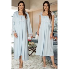 Effortt Model Mavi Sabahlıklı Lohusa Gecelik Takımı Effortt 2302