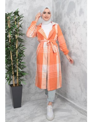 İlkimay Nevin Çift Cepli Kruvaze Yaka Tesettür Hırka 405 - Turuncu