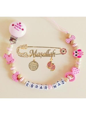 Sahi Aksesuar Isimli Bebek Emzik Zinciri ve Pembe Taşlı Bebek Yaka Iğnesi
