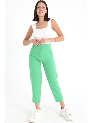 Kuantum Bym Yüksek Bel Pensli Atlas Kumaş Pantolon - Açık Yeşil