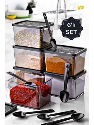 Vienev 6lı Multi Set Kaşıklı Baharatlık Büyük Boy Siyah Modern Mutfak Aksesuarı