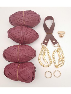 Angel Çanta Aksesuar Rafya ve Bordo Renk Zincirli Sap Çanta Seti