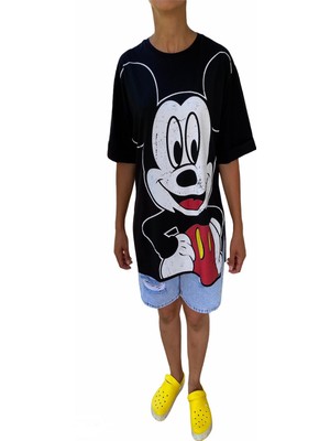 Stil Kadın Disney Eskitme  Baskılı  Bisiklet Yaka Yırtmaçlı Oversize Siyah T-Shirt