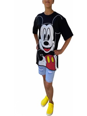 Stil Kadın Disney Eskitme  Baskılı  Bisiklet Yaka Yırtmaçlı Oversize Siyah T-Shirt