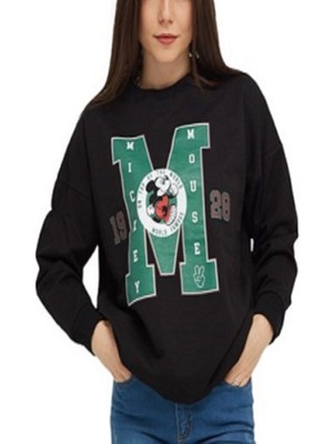 Still Siyah Mıckey Mouse 1928 Baskılı Cepli Bisiklet Yaka Oversize  Sweatshirt