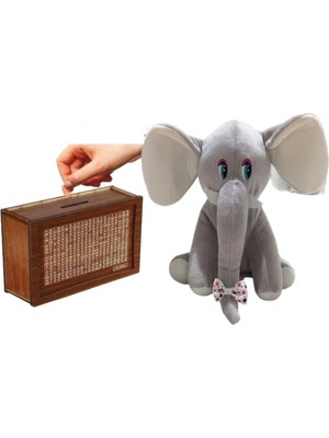 Şeker Adası Sevimli Fil 20 cm Peluş Oyuncak ve Ahşap 10.000 Hedefli Kumbara Para Biriktirme Kutusu