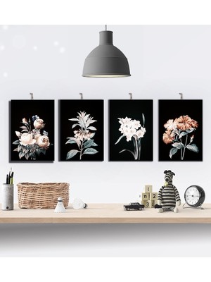 Tontilika Zarif Çiçekler Temalı 4'lü Özel Tasarım 15X21CM Hediyelik Dekoratif 8mm Ahşap Tablo Seti