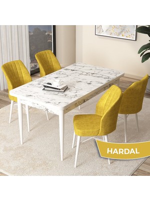 Canisa Concept Arp Serisi, Beyaz Mermer Desen Masa 70X110  Sabit Mutfak Masası Takımı, 4 Sandalye