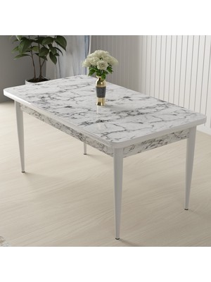 Canisa Concept Arp Serisi, MDF Beyaz Mermer Desen Masa 70 x 110 cm  Sabit Mutfak Masası Takımı, 4 Sandalye