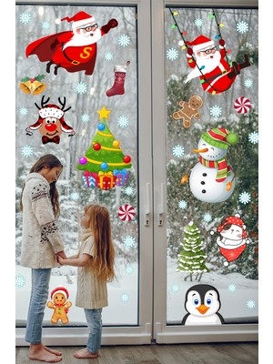 Echo Home Süper Noel Baba Kardan Adam Kar Taneleri Kış Temalı Pencere Duvar Sticker