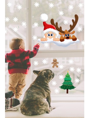 Echo Home Yeni Yıl Sticker Noel Baba ve Geyik Kar Taneleri Yılbaşı Süsü